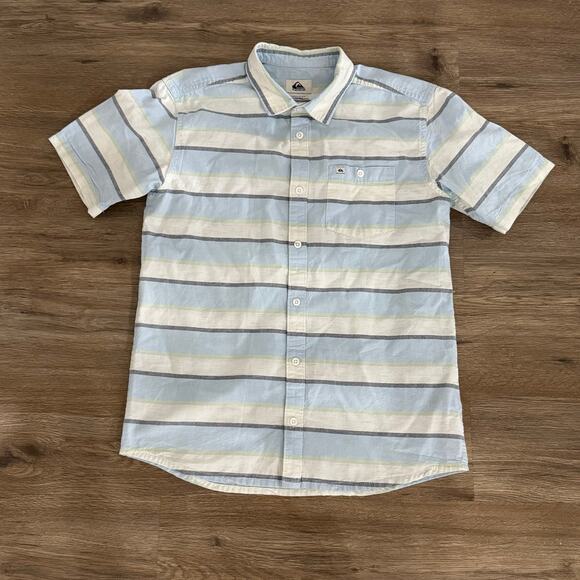 QuickSilver Men’s SS Button Down White & Blue Striped Shirt Sz XL - Picture 1 of 6